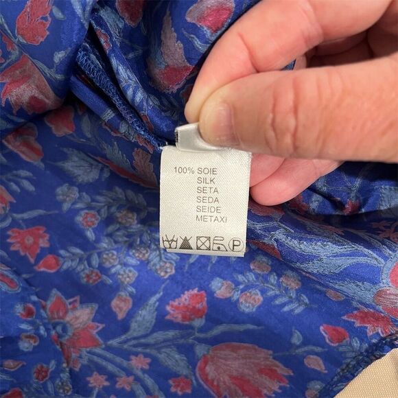 Anthropologie Antik Batik Blue Floral Silk Ruffle Cap Sleeve Blouse Size Small - Picture 10 of 15